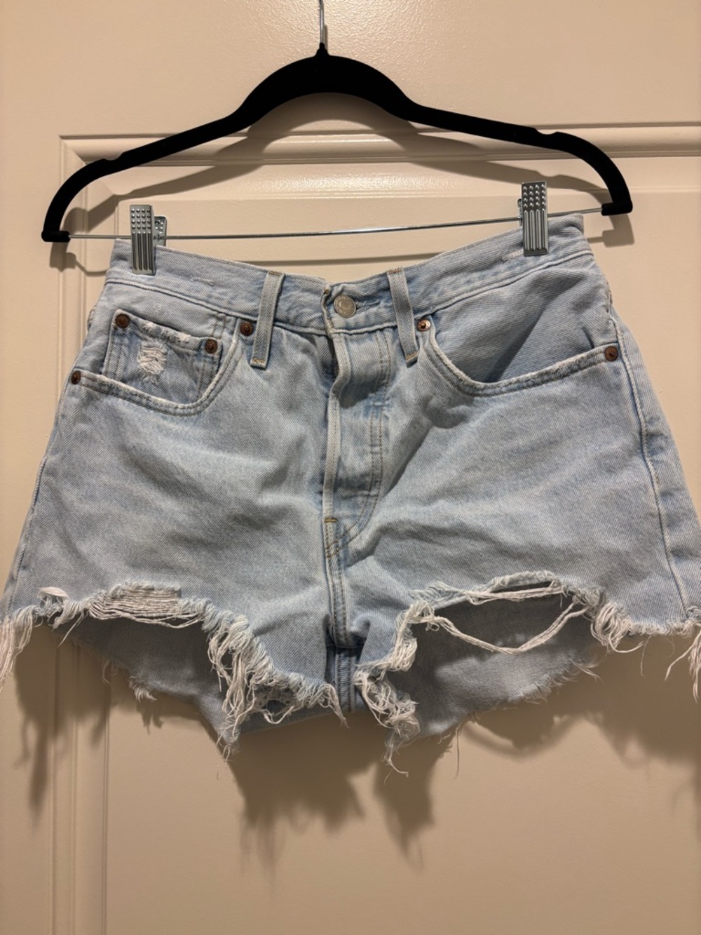 Levi's Light Blue Frayed Denim Cutoff Shorts